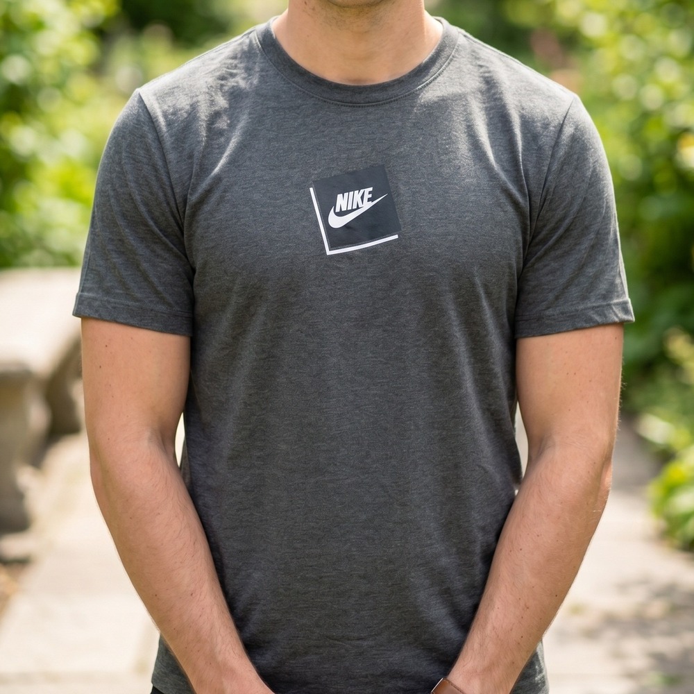 Nike Men Graphic Tee Charcoal Gray Heather Framed Swoosh Logo Short Sleeve Shirt
